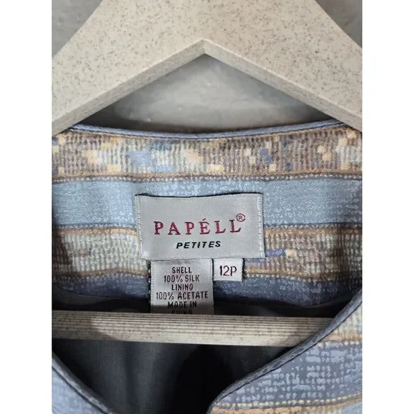 Adrianna Papell Women's 100% Silk Blue and Tan Short Sleeve Button Up Size 12P - Picture 4 of 6